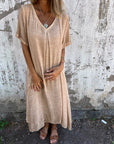Venetia - V-Neck Cotton and Linen Long Dress