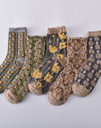 5 Pairs of Women's Cotton Socks with Floral Pattern