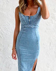 Adjustable Straps U-Neck Split Denim Cami Dress