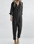 Amalia - Casual Long-Sleeved Jumpsuit with Button Placket and Lapel Pockets