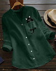 Bibiana – Long Sleeve Blouse Made of Cotton with V-Neck and Cat Print