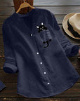 Bibiana – Long Sleeve Blouse Made of Cotton with V-Neck and Cat Print
