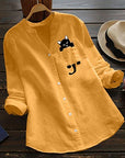 Bibiana – Long Sleeve Blouse Made of Cotton with V-Neck and Cat Print