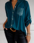 Casual Cotton Top with V-Neck and Sequin Sleeves