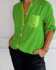 Casual Cotton Top with V-Neck and Sequin Sleeves