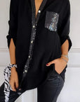 Casual Cotton Top with V-Neck and Sequin Sleeves