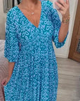 Casual Printed Long Dress with V-Neck and Waist