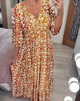 Casual Printed Long Dress with V-Neck and Waist