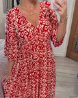 Casual Printed Long Dress with V-Neck and Waist
