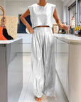 Casual Shiny Ladies' Jacket and Wide Trouser Set - Amy