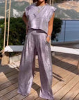 Casual Shiny Ladies' Jacket and Wide Trouser Set - Amy