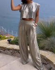 Casual Shiny Ladies' Jacket and Wide Trouser Set - Amy