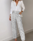 Clio – Stylish 2-Piece Women's Outfit with White Blouse and Geometric Trousers