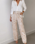Clio – Stylish 2-Piece Women's Outfit with White Blouse and Geometric Trousers