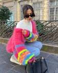 Colourful Knitted Short Cardigan with Puff Sleeves for Women - Aleta