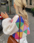 Colourful Knitted Short Cardigan with Puff Sleeves for Women - Aleta