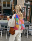 Colourful Knitted Short Cardigan with Puff Sleeves for Women - Aleta