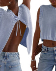 Combhasaki – Y2K Knitted Sleeveless Cardigan with Open Back and Bow Detail