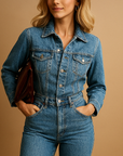 Denim Jumpsuit with Straight Legs and Long Sleeves