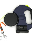 Laisse double rétractable pour chien | Avec lampe de poche et support pour sacs à déjections canines
