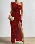 Elegant one-shoulder maxi evening dress with split and sequins - Adelheid