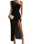 Elegant one-shoulder maxi evening dress with split and sequins - Adelheid