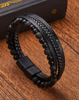 Natural Stone Obsidian Magnetic Buckle Men's Leather Bracelet