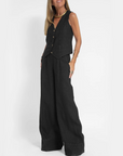Summer Sleeveless V-Neck Vest and Loose Straight Trousers