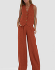 Summer Sleeveless V-Neck Vest and Loose Straight Trousers