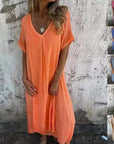 Venetia - V-Neck Cotton and Linen Long Dress