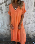 Venetia - V-Neck Cotton and Linen Long Dress