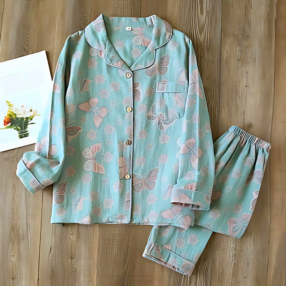 2-Piece Cotton Loungewear Set with Butterfly Print for Women