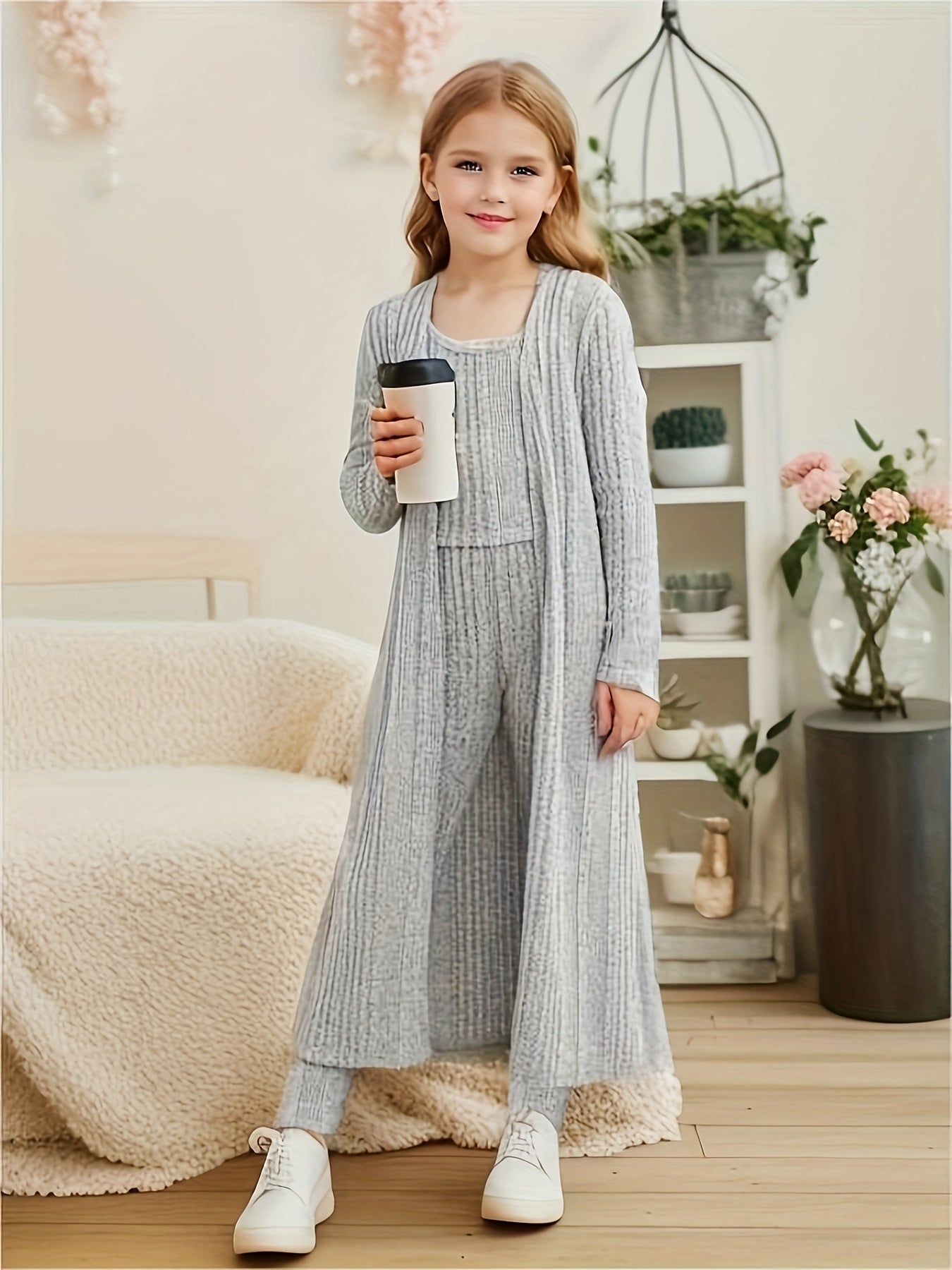 3-Piece Stretchy Knitted Cardigan + Top + Leggings - Charmaine
