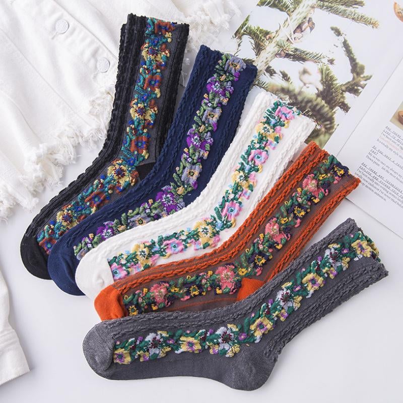 (5 Pairs) Vintage Socks with Floral Embroidery