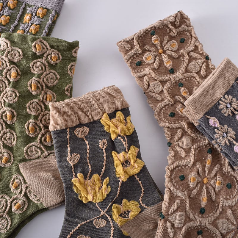 5 Pairs of Women's Cotton Socks with Floral Pattern