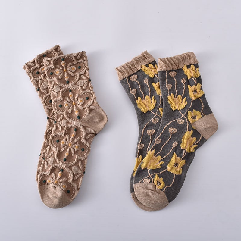 5 Pairs of Women's Cotton Socks with Floral Pattern