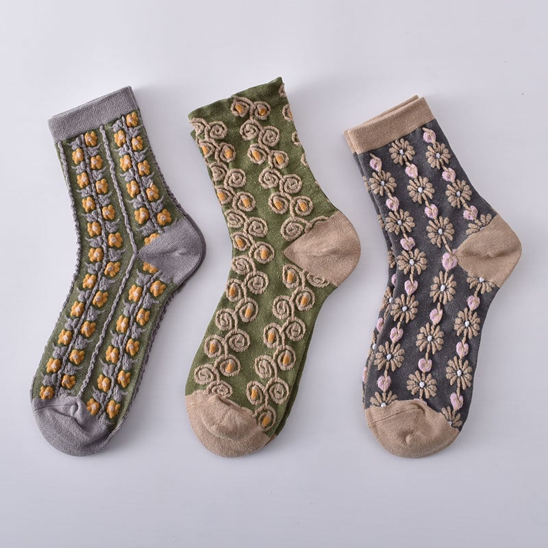 5 Pairs of Women's Cotton Socks with Floral Pattern