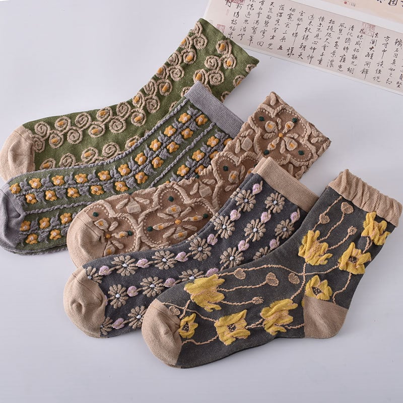5 Pairs of Women's Cotton Socks with Floral Pattern
