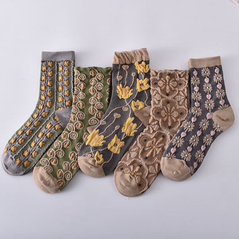 5 Pairs of Women's Cotton Socks with Floral Pattern