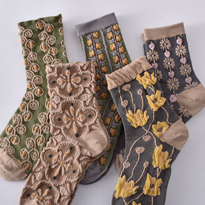 5 Pairs of Women's Cotton Socks with Floral Pattern