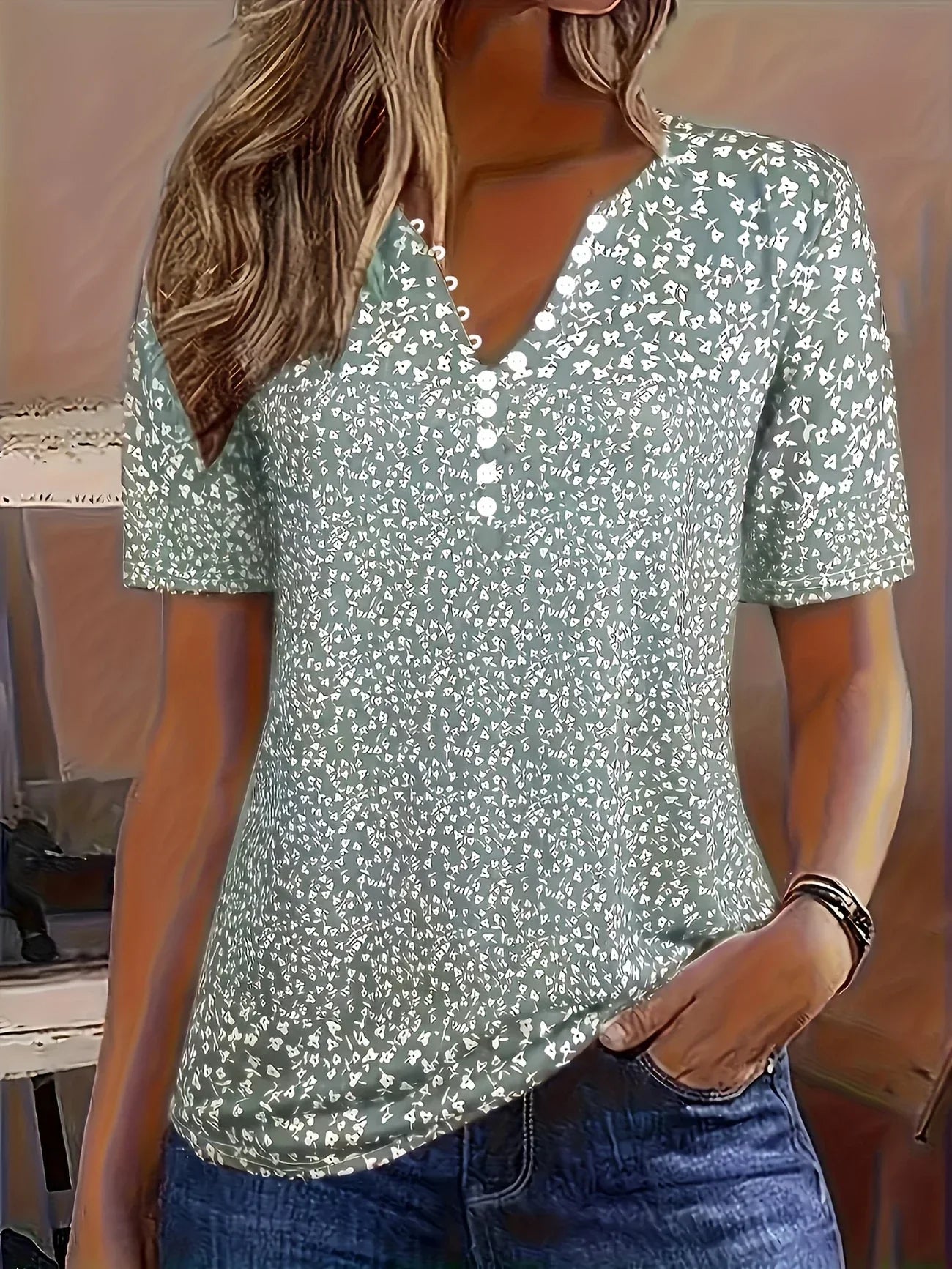 Alaia – Casual Summer Top with V-Neck, Button Closure and Short Sleeves