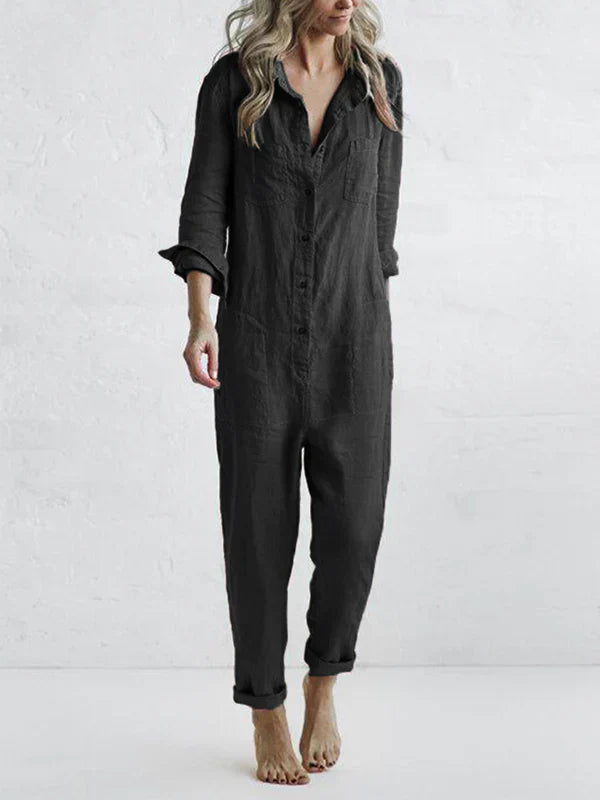 Amalia - Casual Long-Sleeved Jumpsuit with Button Placket and Lapel Pockets