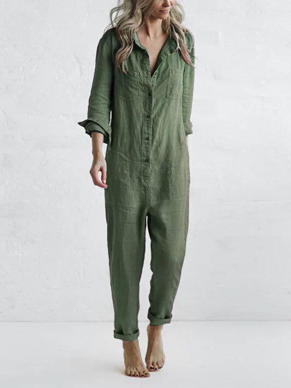 Amalia - Casual Long-Sleeved Jumpsuit with Button Placket and Lapel Pockets