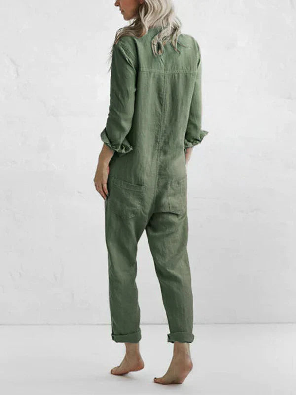 Amalia - Casual Long-Sleeved Jumpsuit with Button Placket and Lapel Pockets
