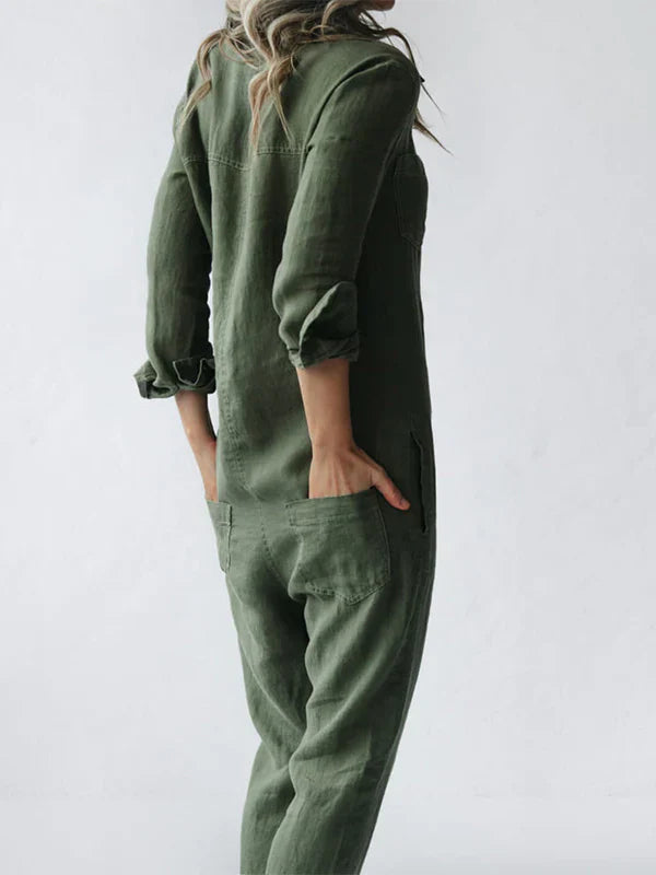 Amalia - Casual Long-Sleeved Jumpsuit with Button Placket and Lapel Pockets