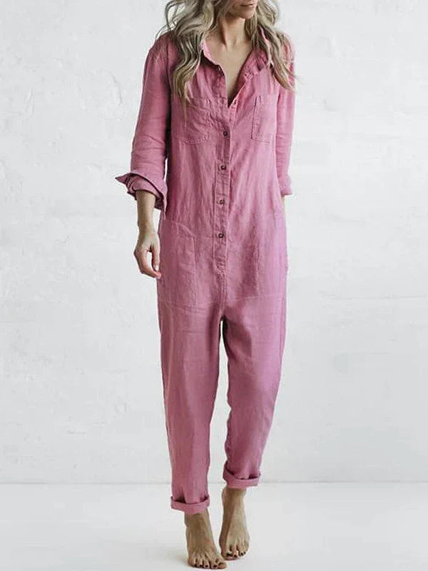 Amalia - Casual Long-Sleeved Jumpsuit with Button Placket and Lapel Pockets