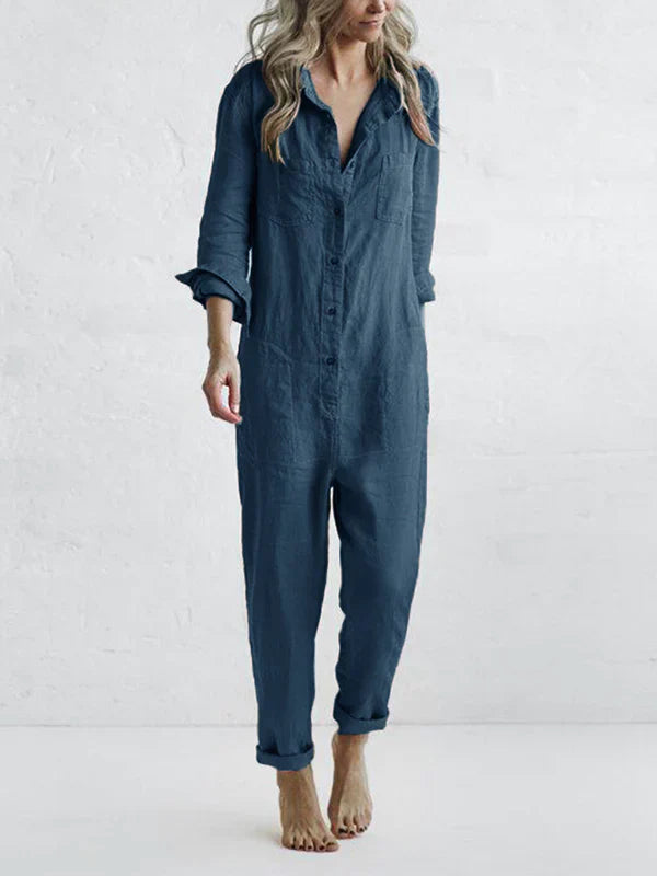 Amalia - Casual Long-Sleeved Jumpsuit with Button Placket and Lapel Pockets