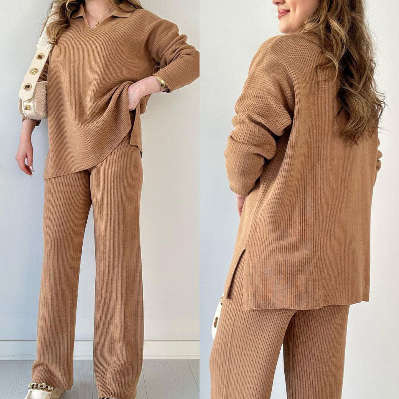 Athina - Casual Two-Piece Set with V-Neck and Slit