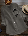 Bibiana – Long Sleeve Blouse Made of Cotton with V-Neck and Cat Print