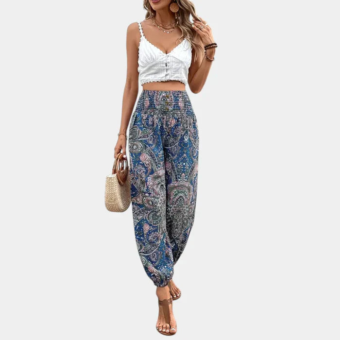 Boho High Waisted Women's Trousers with Relaxed Fit and Elegant Flair